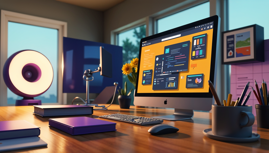 Photo with 3d elements on a desk, including a computer screen with AI tools, keyboard, pencils and more.