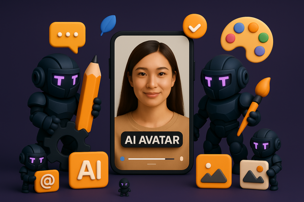 Image of a 3d phone with a female
avatar and 3d cards showing ai elements.