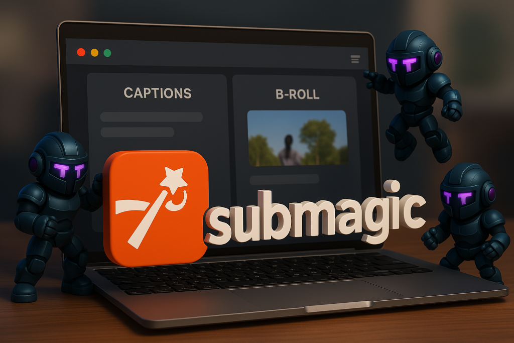 3d laptop showcasing ai tools with the Submagic logo in front.