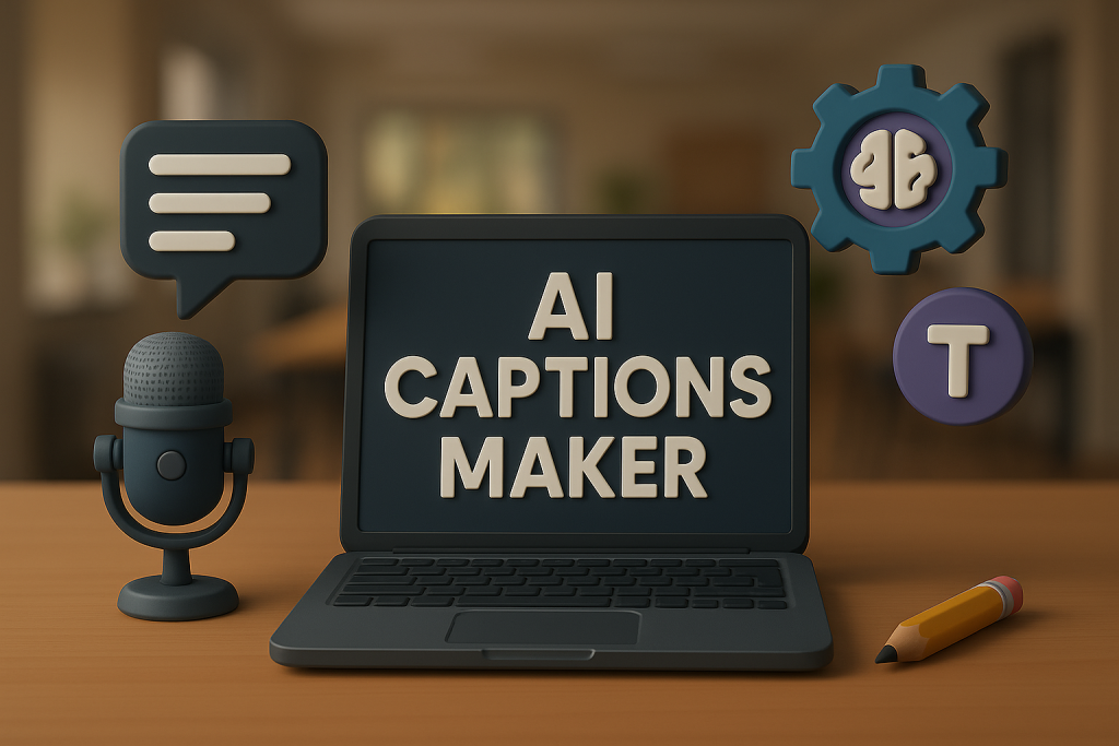 3D laptiop with ai caption maker written on the screen and a 3d microphone next to it.