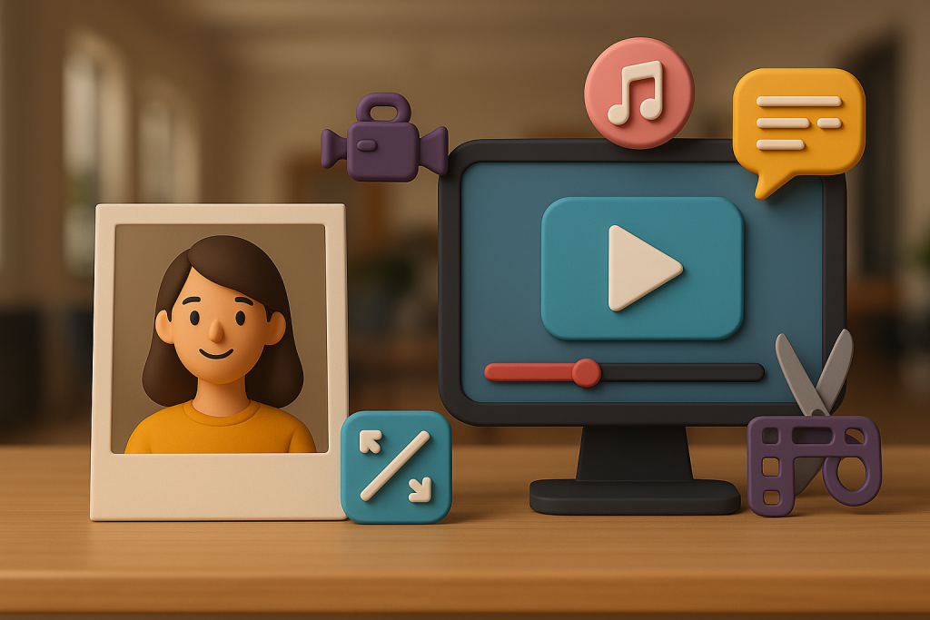 3d screen and icons showcasing a woman, turning photo to video.