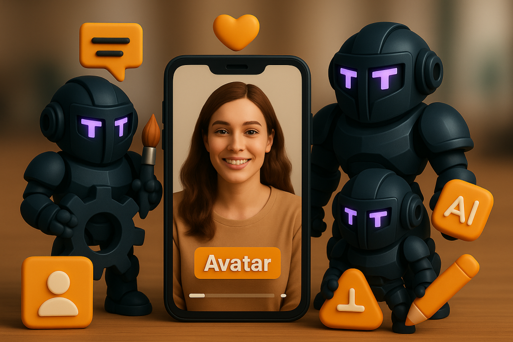Image of a 3d phone with a female
avatar and 3d cards showing ai elements.