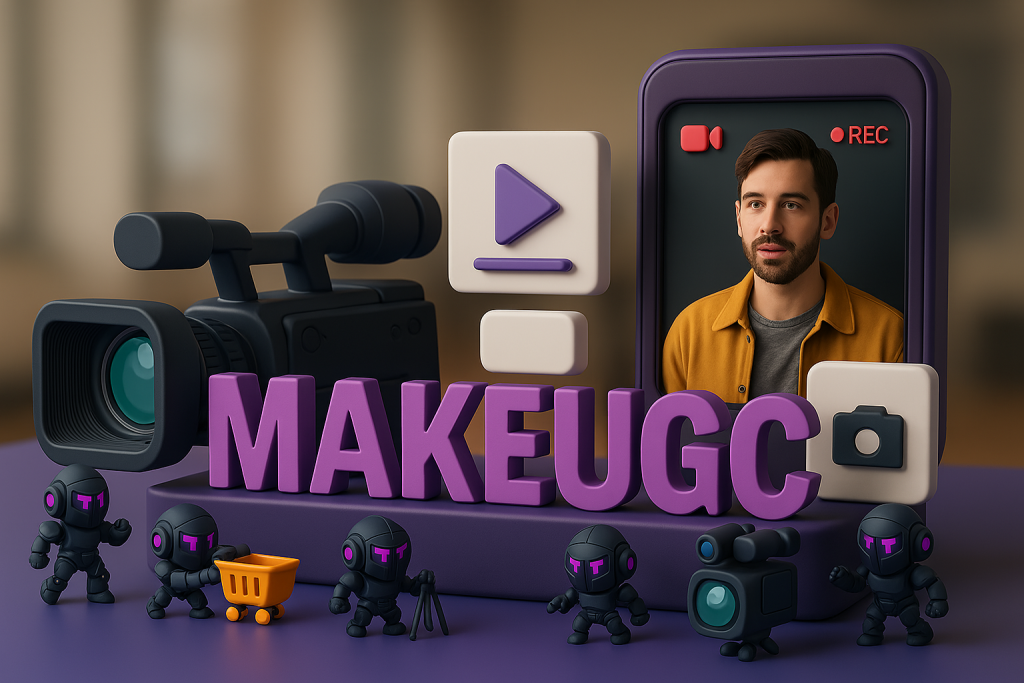 3d camera and phone screen with AI influencer with the MakeUGC logo in front.