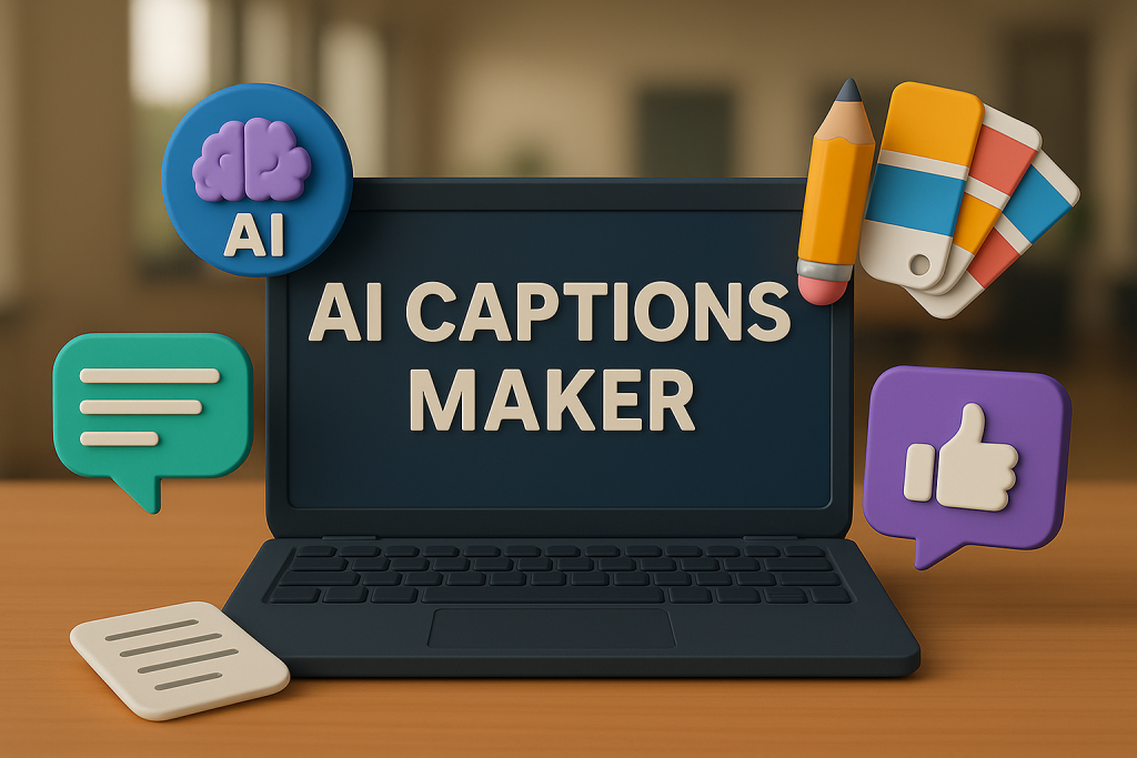 3D laptiop with ai caption maker written on the screen and 3d icons floaring around it.