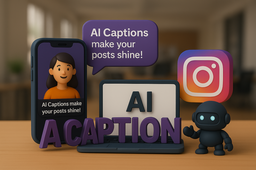 3d phone and latptop with instagran and ai caption text.