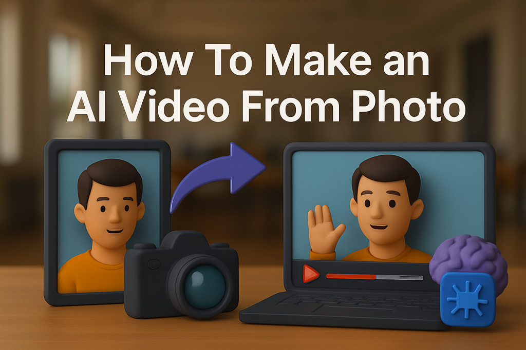 3d laptop, phone and camera showcasing a men, turning photo to video.