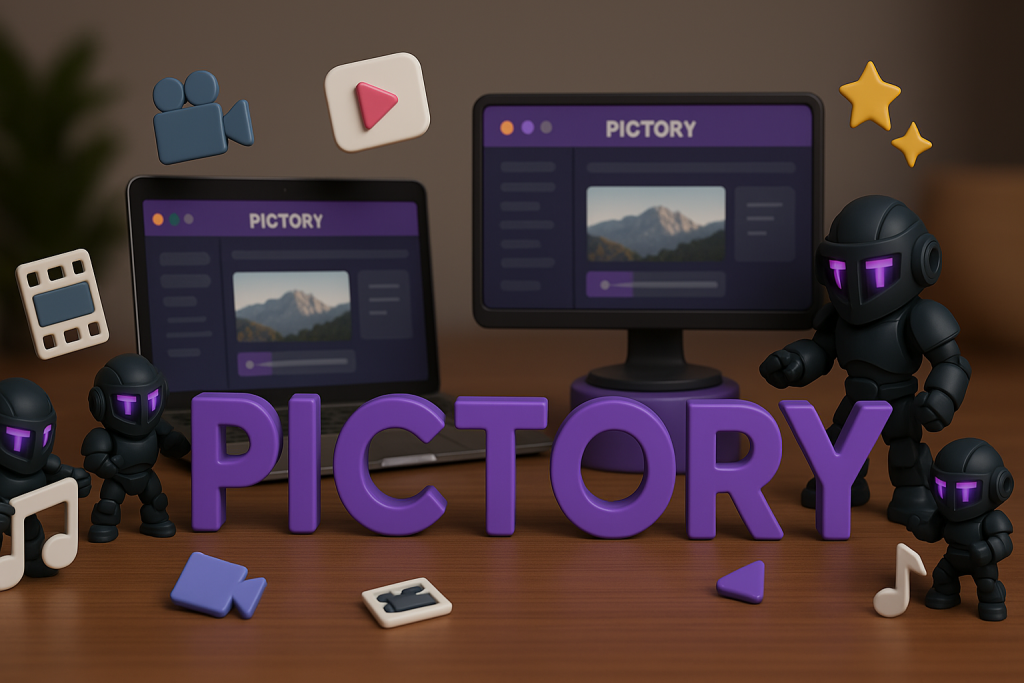 3d pc screens with the pictory logo.