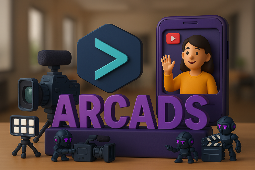 3d phone and cameras with female influencer and the arcads logo.