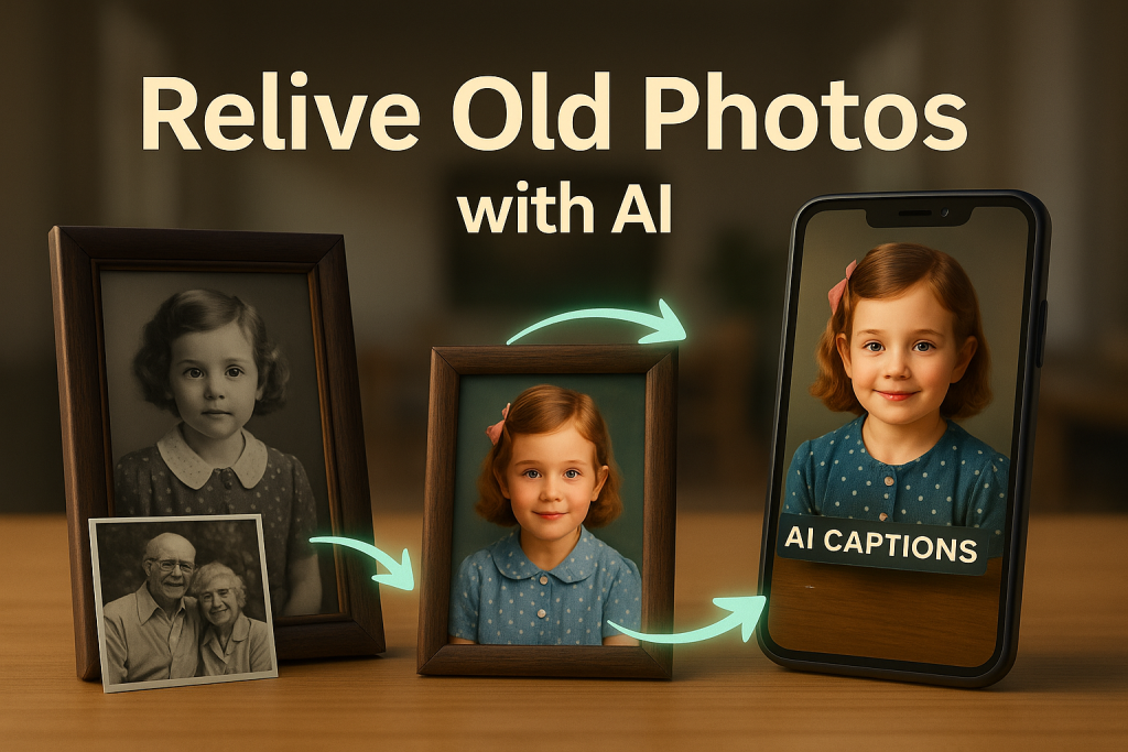 3d photo frame of old photo being turned into modern - from frame to phone.
