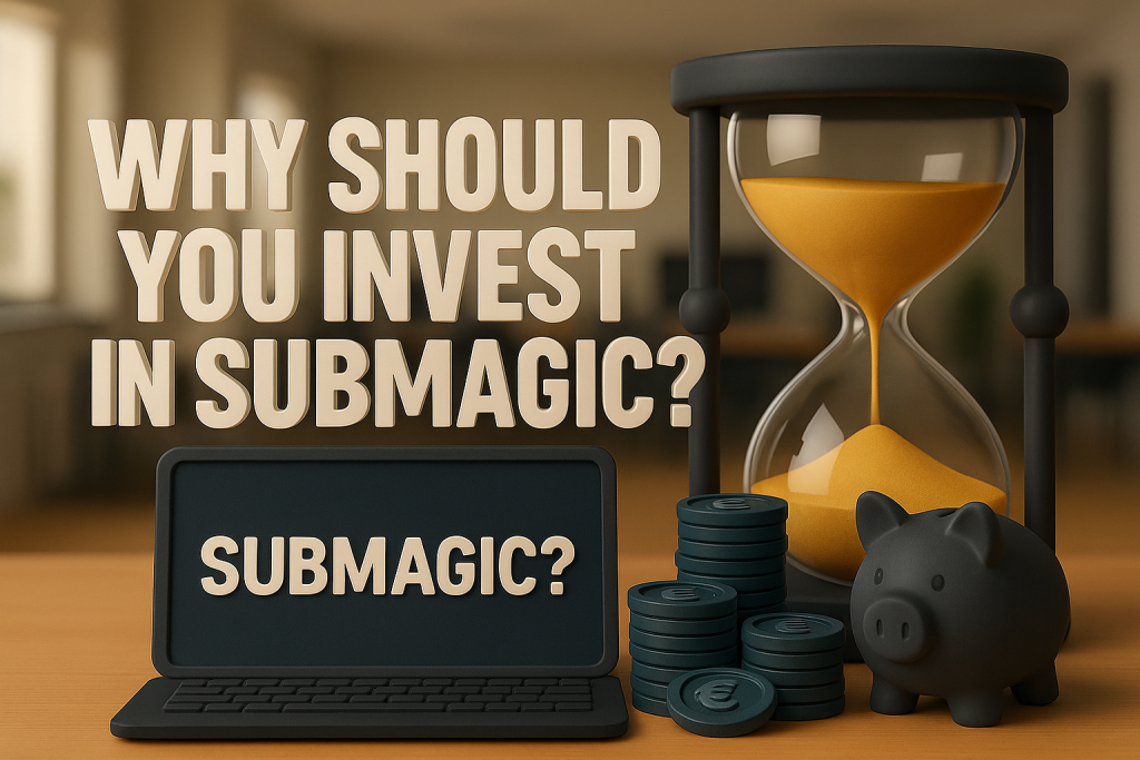 3d hourglass with submagic written on 3d laptop.