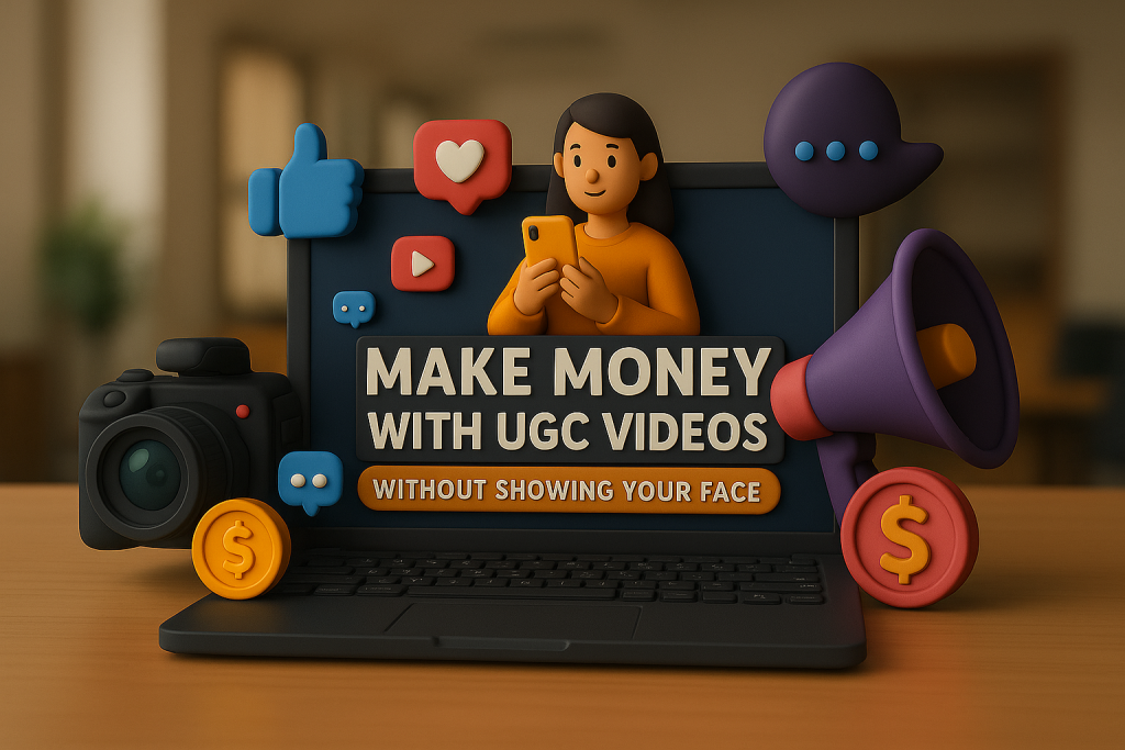 3d laptop with a girl, social media likes and a camera, showcasing making a video without showing your face.